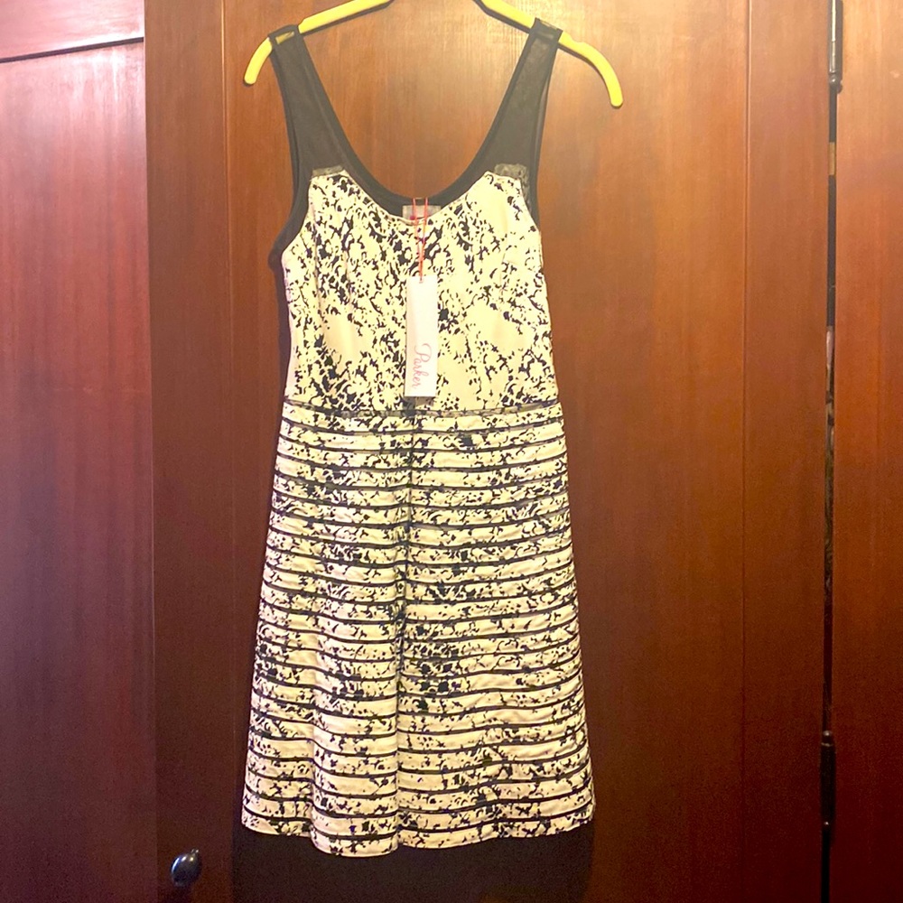 NWT, Parker, white and black, silk A-line mini dress. Size XS.
